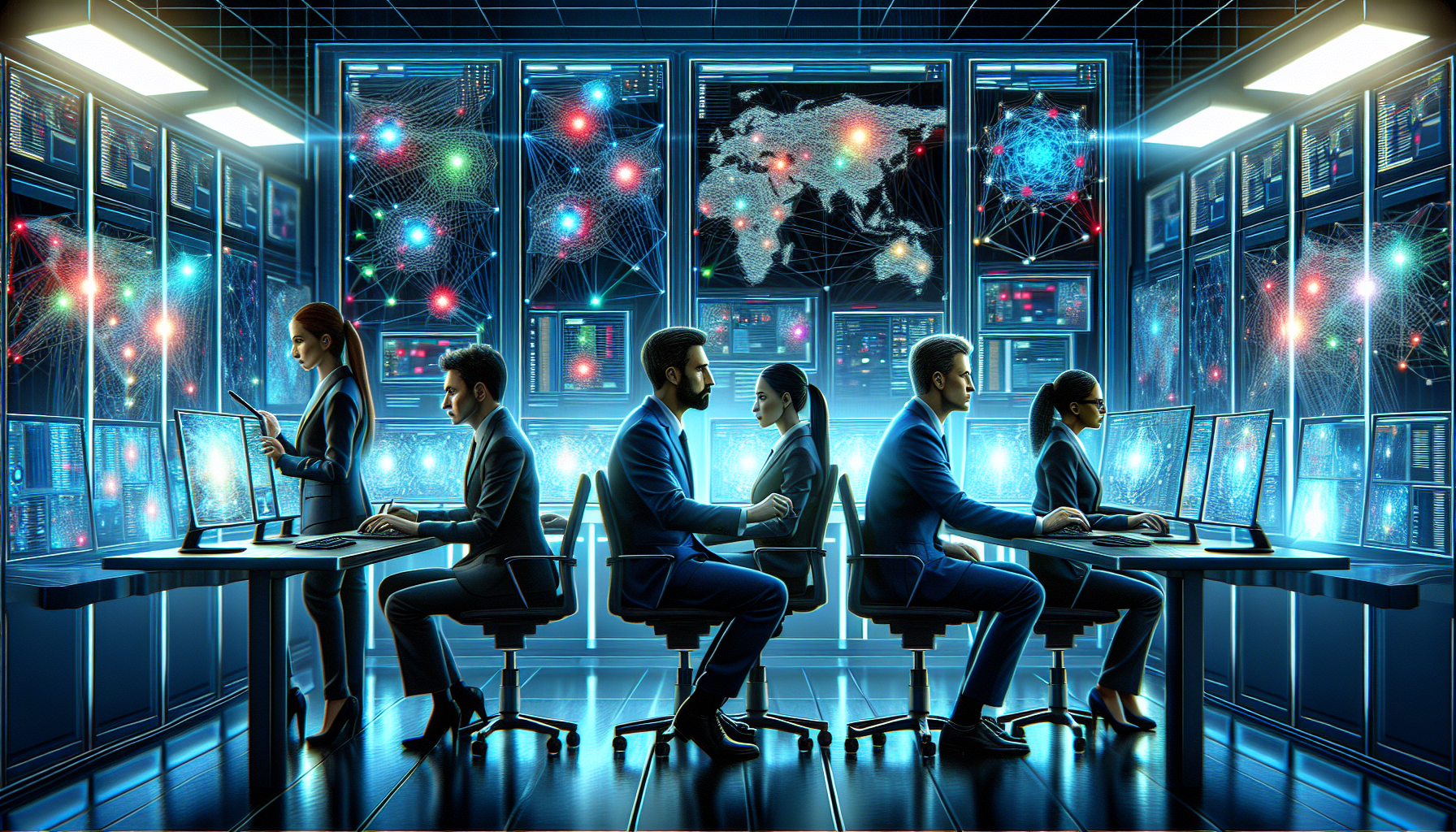 Cybersecurity professionals monitoring network security