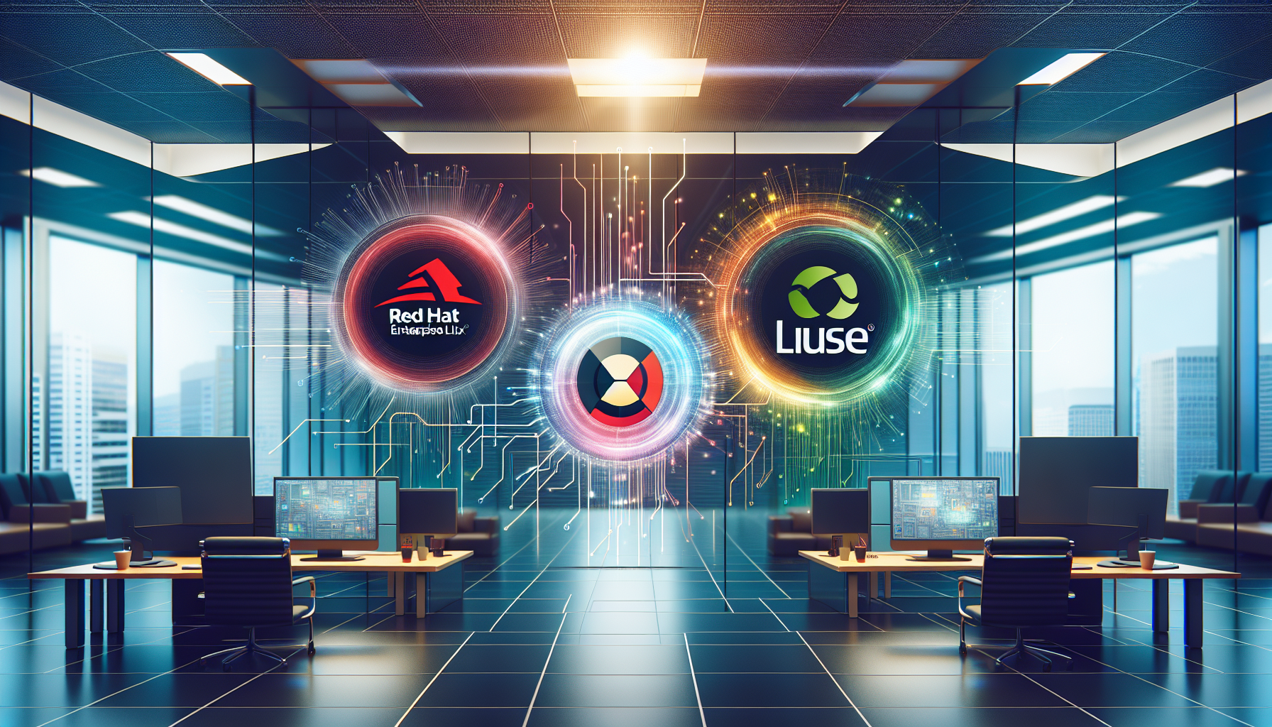 An artistic representation of enterprise-focused Linux distributions like Red Hat Enterprise Linux and SUSE Linux.