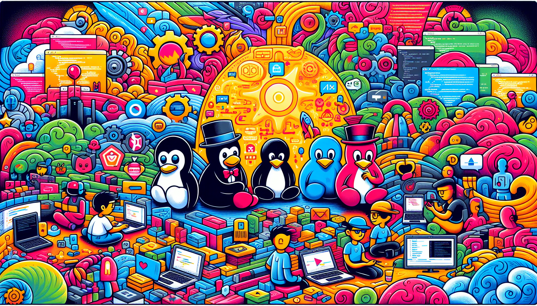 An artistic representation of Linux distributions suitable for developers, featuring Fedora and Manjaro.