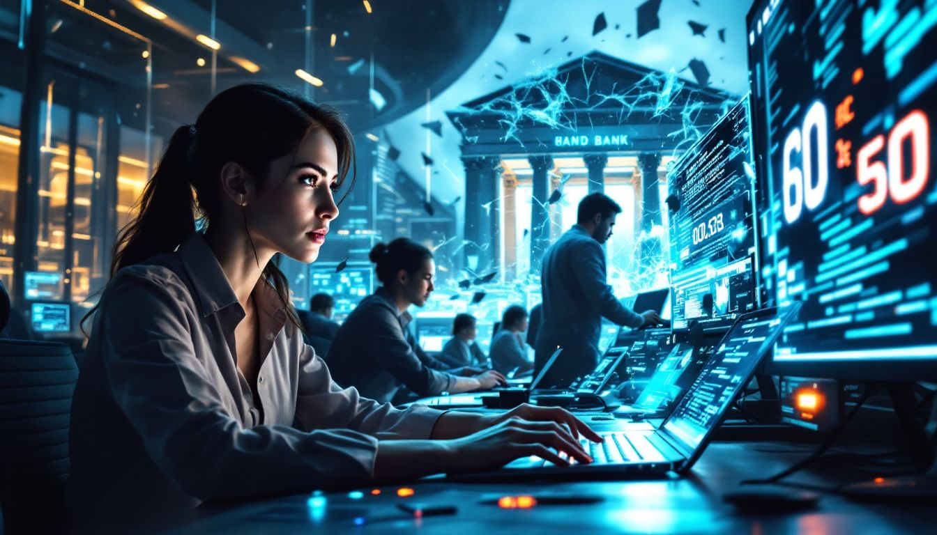 A conceptual image of a bank's recovery efforts after a cyber incident, depicting teamwork and technology.