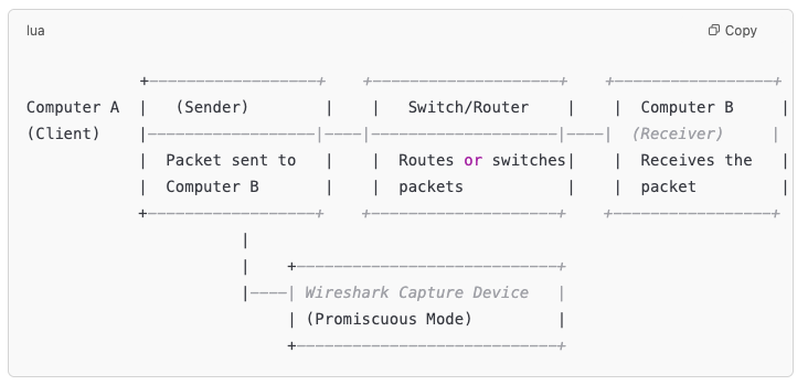 A diagram showcasing how packets traverse a network and are captured by Wireshark in promiscuous mode