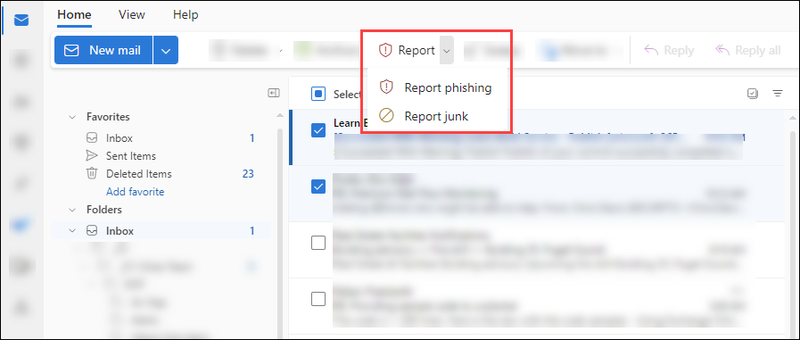 Reporting phishing emails in the Outlook Web App.