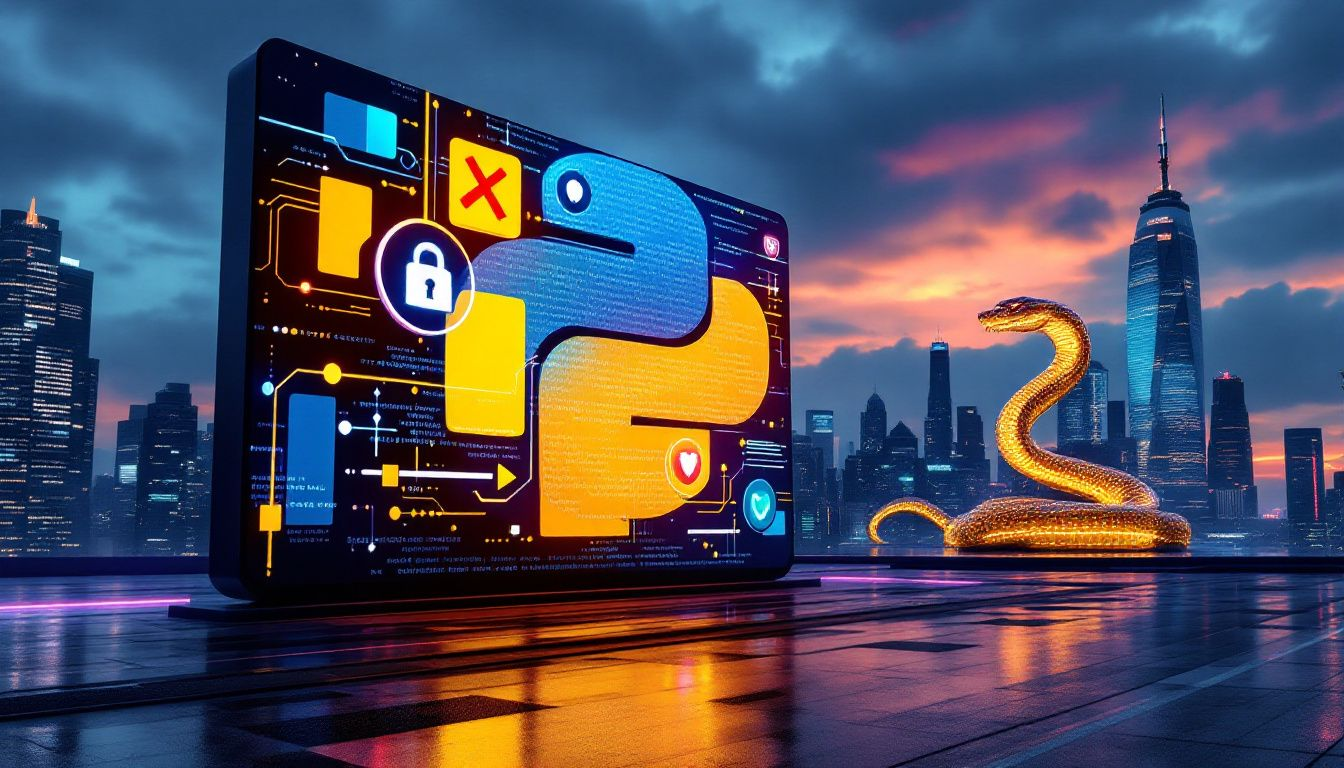 A depiction of Python programming language being used to automate security tasks in cybersecurity.
