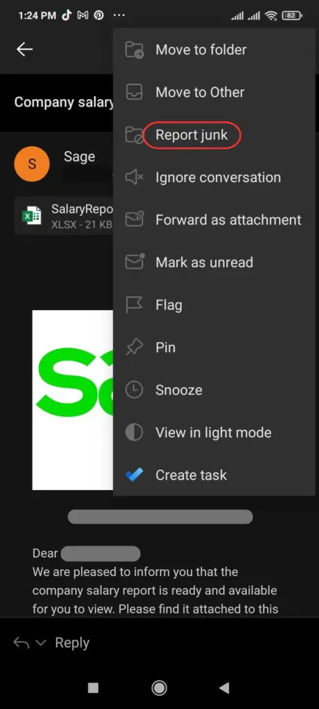 Using the Report Junk Option in Outlook Mobile